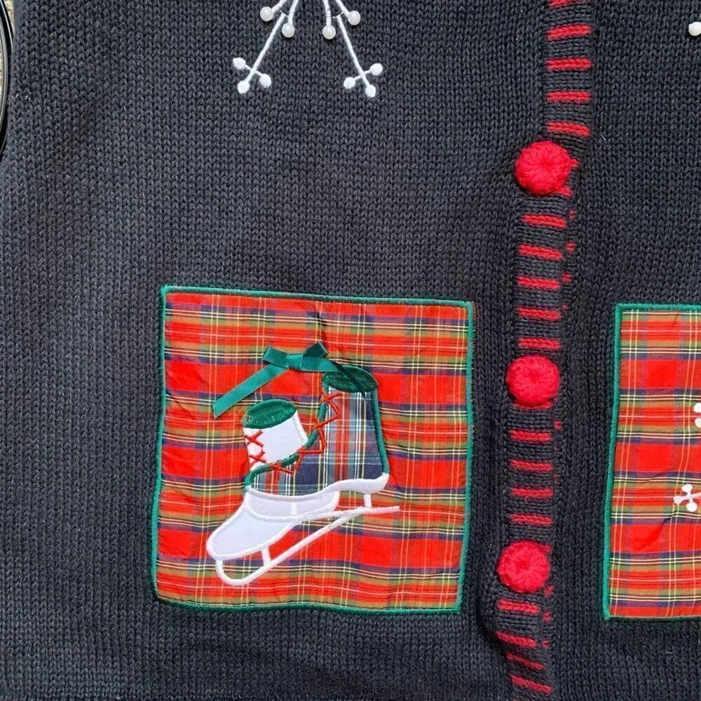 Holiday Editions Black Printed Knit Sweater Vest Festive‎ Embroidery Red Plaid